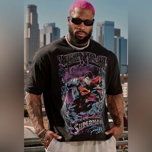 YoungLA Black Graphic Superman Short Sleeve Tee with Purple and Red Accents